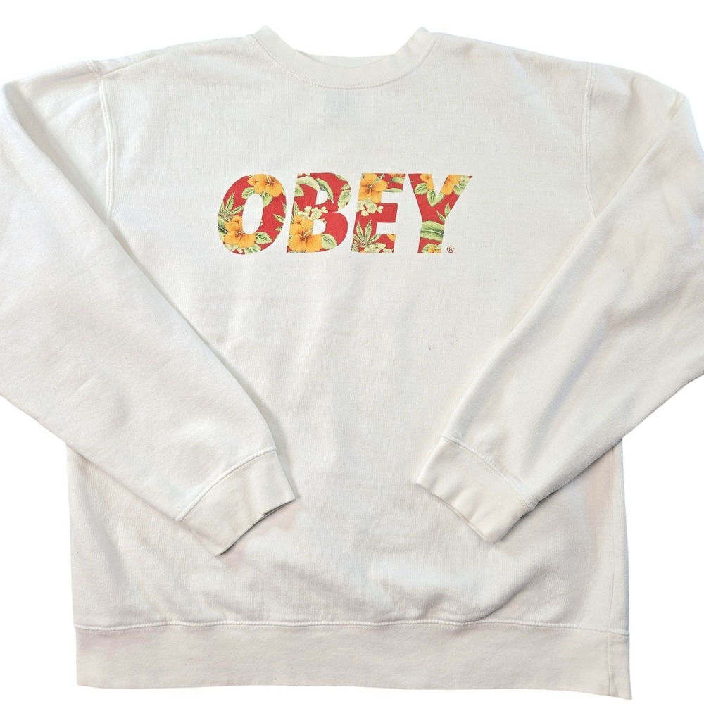 OBEY Sweatshirt‎ Mens M White Pullover Fleece Crewneck Graphic Tropical Logo
